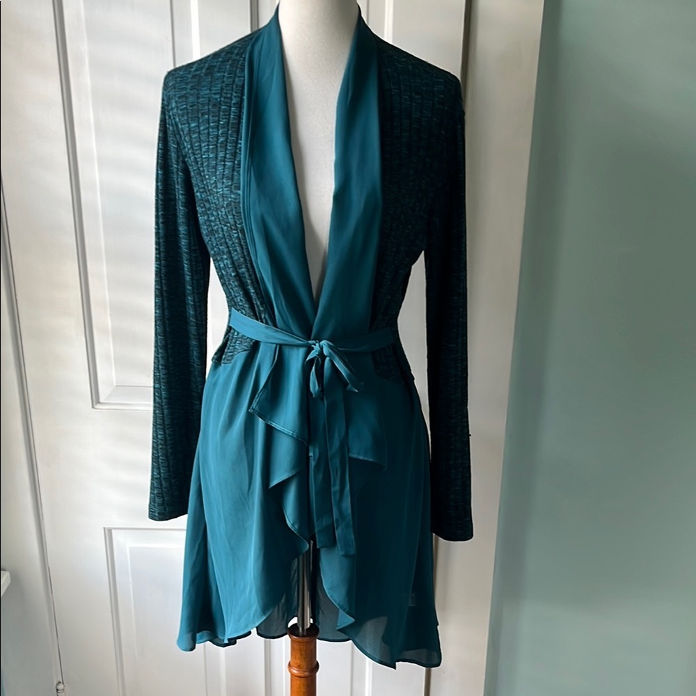 LOGO Teal Open Waterfall Front Knit Cardigan with Tie Belt